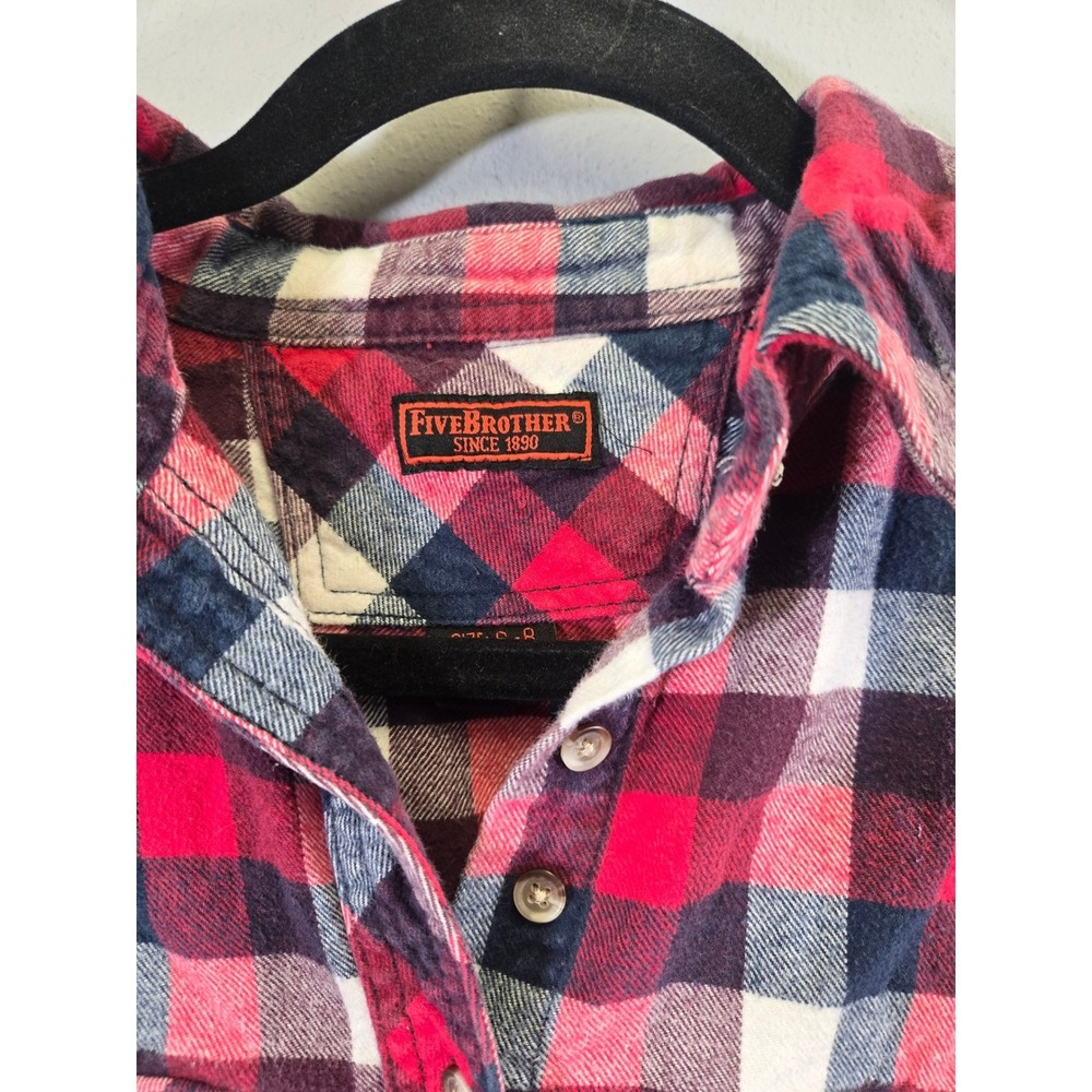 Five Brother Plaid Flannel Long Sleeve Button Down Shirt Red White Blue Small